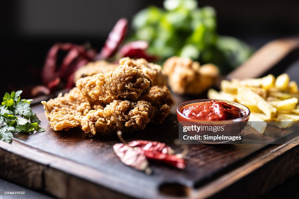 Fried chicken strips and thighs on a cutting board with French fries, ketchup and mayonnaise