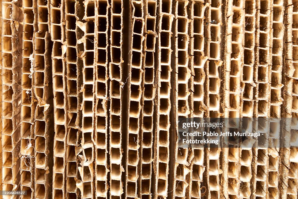 Corrugated cardboard surface revealing geometric patterns, displaying structural strength and lightweight packaging material characteristics