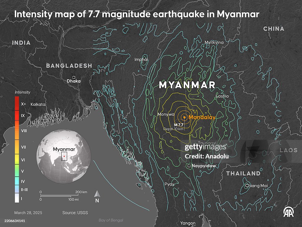 Intensity map of 7.7 magnitude earthquake in Myanmar