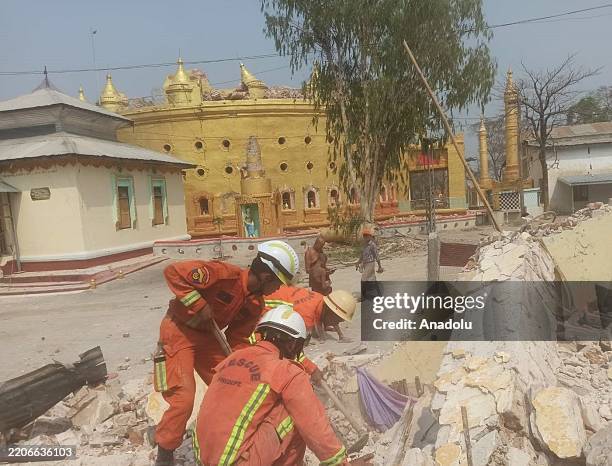 Myanmar Fire Services Department continues emergency search and rescue operations continue after strong earthquake of 7.7 magnitude rocks in Sagaing,...