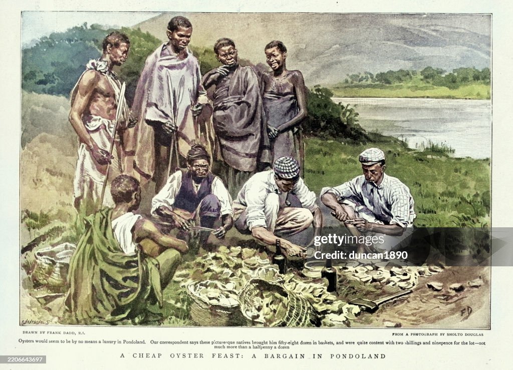 Cheap oyster feast, Men eating oysters in Pondoland or Mpondoland, South Africa, vintage illustration, 1899, 19th Century
