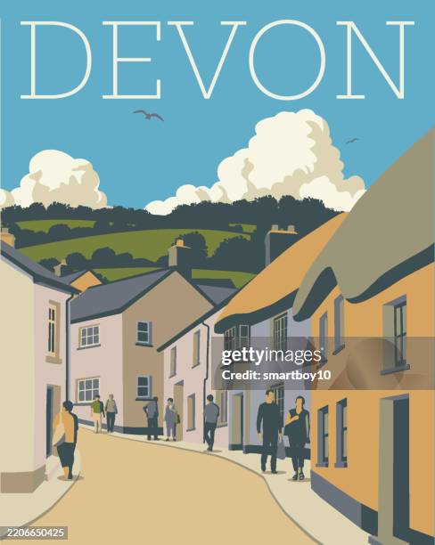 retro style poster for devon - cornwall beach stock illustrations