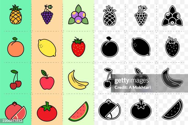 assorted fruit icons set. - black cherry stock illustrations