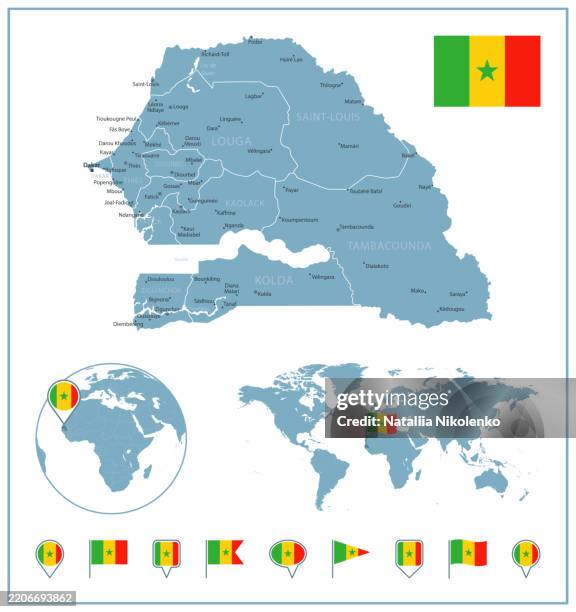 senegal - detailed map with regions and cities. set of flags, globe, country outline, country location on world map. - bed sheets background stock illustrations