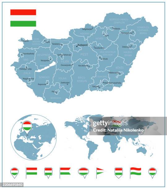 ungarn - detaillierte karte mit regionen und städten. satz flaggen, globus, länderumriss, länderstandort auf der weltkarte. - ungarn stock-grafiken, -clipart, -cartoons und -symbole