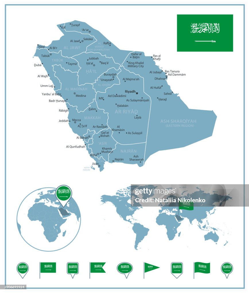 Saudi Arabia - Detailed Map with Regions and Cities. Set of Flags, Globe, Country Outline, Country Location on World Map.