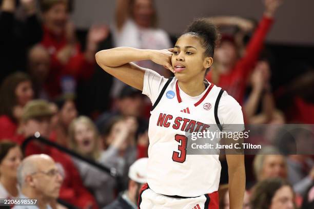 Zamareya Jones of the NC State Wolfpack reacts in the second half while playing the Michigan State Spartans in the second round of the NCAA Women's...