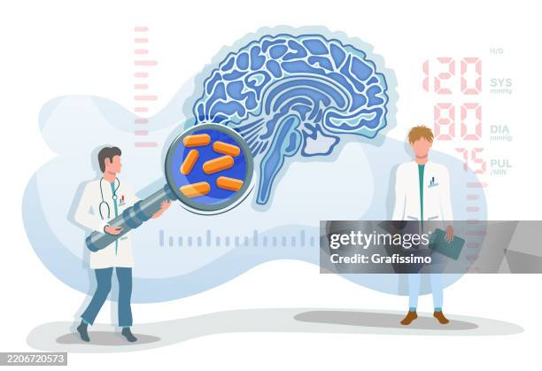 flat vector illustration of doctor with magnifying glass detecting bacterium in human brain - lab worker white background stock illustrations