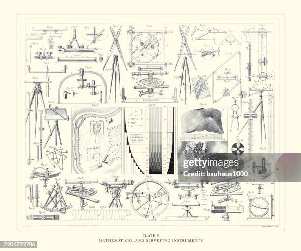 mathematical and surveying instruments engraving antique illustration, published 1851 - geometry tools stock illustrations