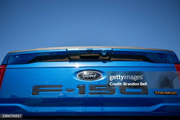 The tailgate of a Ford-150 pickup truck is seen at a dealership on March 24, 2025 in Austin, Texas. The U.S. National Highway Traffic Safety...