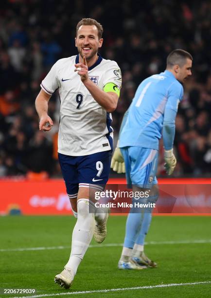 Harry Kane of England celebrates scoring his team's second goal during the FIFA World Cup 2026 European Qualifier between England and Latvia at...