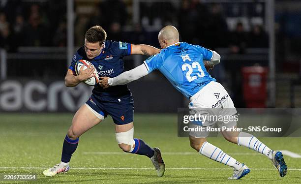 Rugby Rut Edinburgh's Ross McCann and Dragons' Jared Rosser in action during a ...