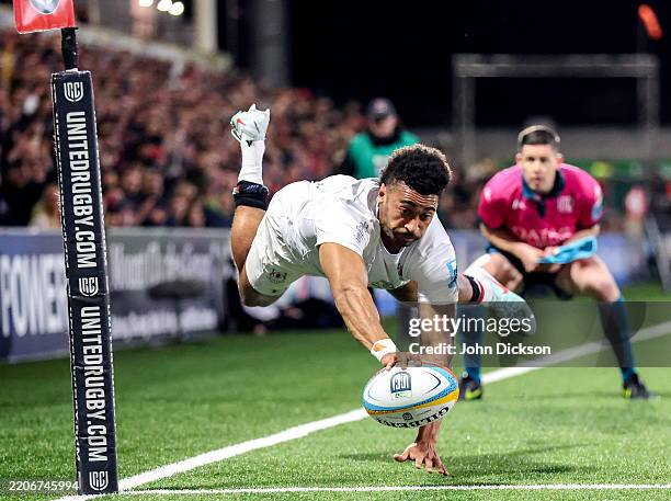 Northern Ireland , United Kingdom - 28 March 2025; Robert Baloucoune of Ulster scores their sides first try during the United Rugby Championship...