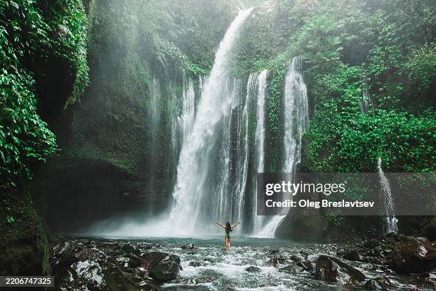 happy woman enjoying a majestic waterfall tiu kelep on lombok island - paisaje espectacular fotografías e imágenes de stock