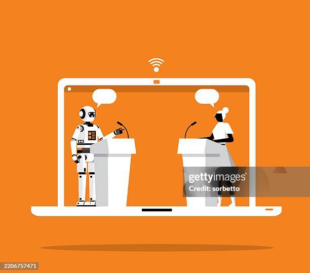 conversational - online - businesswoman - debate stage stock illustrations