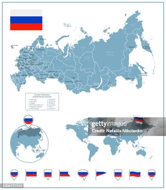 Russian Map Equirectangular Russian Federation Detailed Map With Regions And Cities Set Of Flags ...