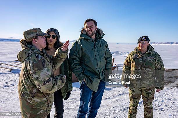 Vice President JD Vance and second lady Usha Vance stand with Col. Susan Meyers , commander of the US military's Pituffik Space Base, as they tour...