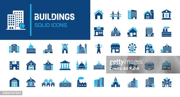 ilustraciones, imágenes clip art, dibujos animados e iconos de stock de construcción de iconos sólidos de glifos. contiene la colección de iconos sólidos de la casa, residencial, pueblo, ciudad. ilustración vectorial. píxel perfecto sobre fondo blanco limpio - the amusement park nobody