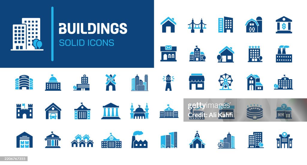 Building glyph solid icons. Containing house, residential, town, city solid icons collection. Vector illustration. Perfect pixel on clean white background