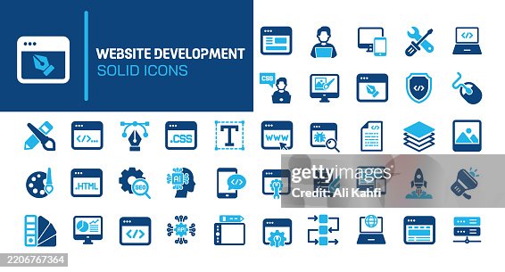Website development glyph solid icons. Containing internet, web design, programming, network solid icons collection. Vector illustration. Perfect pixel on clean white background Website development glyph solid icons. Containing internet, web design, programming, network solid icons collection. Vector illustration. Perfect pixel on clean white background