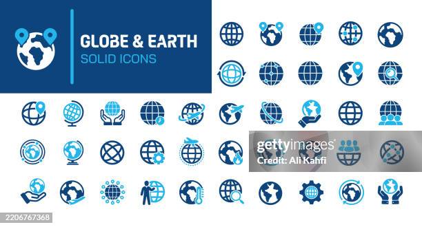 ilustrações de stock, clip art, desenhos animados e ícones de globe & earth glyph solid icons. containing earth, world map, network solid icons collection. vector illustration. perfect pixel on clean white background - planeta