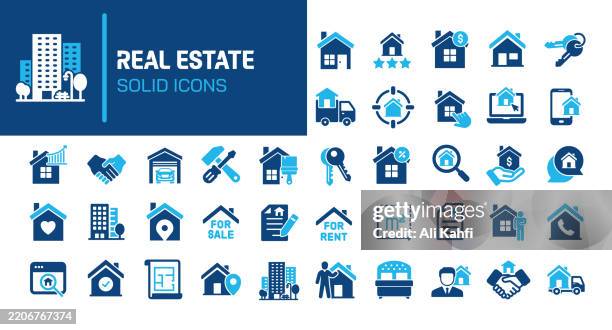 immobilien glyphe feste symbole. enthält eine sammlung von soliden symbolen für haus, wohnung, verkauf, wohngebäude. vektor-illustration. perfektes pixel auf sauberem weißem hintergrund - wohnhaus stock-grafiken, -clipart, -cartoons und -symbole