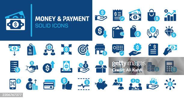 geld und zahlung glyphe feste symbole. enthält geldsack, münze, wechselstube, sammlung solider kreditkartensymbole. vektor-illustration. perfektes pixel auf sauberem weißem hintergrund - sparen icon stock-grafiken, -clipart, -cartoons und -symbole