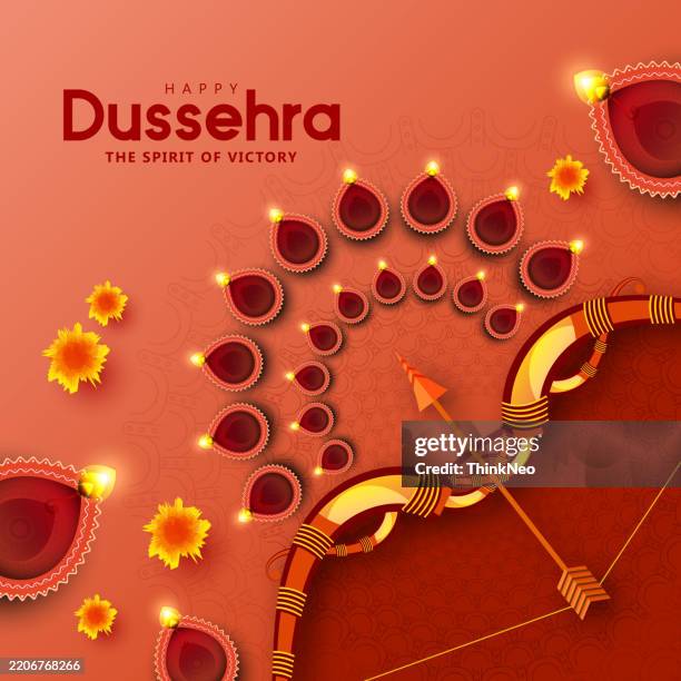 indian holiday vijayadashami. happy dussehra writing. god rama with bow, arrows. - dussehra stock illustrations
