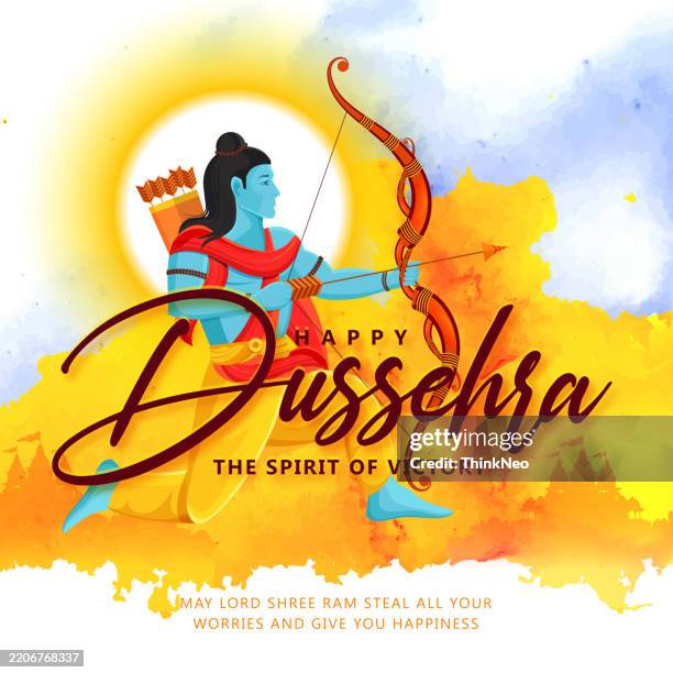 indian holiday vijayadashami. happy dussehra writing. god rama with bow, arrows. dasara hindu design. - dussehra stock illustrations