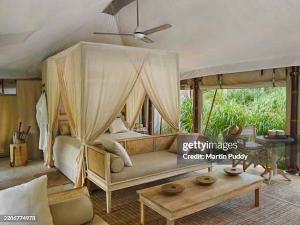 interior of open plan tented villa at eco friendly luxury glamping resort with open side panels, showing lush tropical foliage outdoors - safari lodge stock pictures, royalty-free photos & images