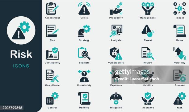 ilustrações de stock, clip art, desenhos animados e ícones de risk solid icons collection.containing crisis, strategy, policies, process, uncertainty, exposure, vulnerability, threat, mitigation, probability, impact, management, insurance, liability, volatility - acidente conceito