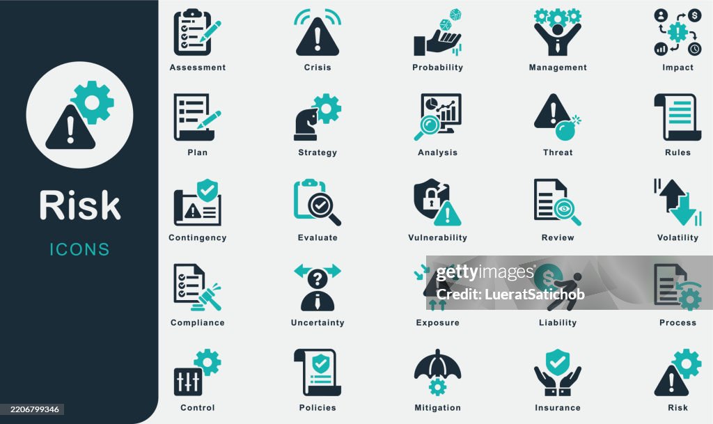Risk solid icons collection.Containing Crisis, Strategy, Policies, Process, Uncertainty, Exposure, Vulnerability, Threat, Mitigation, Probability, Impact, Management, Insurance, Liability, Volatility