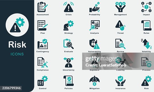 Risk solid icons collection.Containing Crisis, Strategy, Policies, Process, Uncertainty, Exposure, Vulnerability, Threat, Mitigation, Probability, Impact, Management, Insurance, Liability, Volatility Risk solid icons collection.Containing Crisis, Strategy, Policies, Process, Uncertainty, Exposure, Vulnerability, Threat, Mitigation, Probability, Impact, Management, Insurance, Liability, Volatility