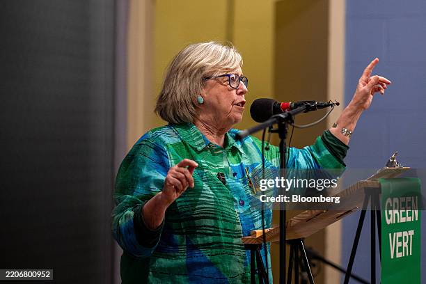 Elizabeth May, co-leader of the Green Party, speaks during a campaign launch event in Nanaimo, British Columbia, Canada, on Friday, March 28, 2025....