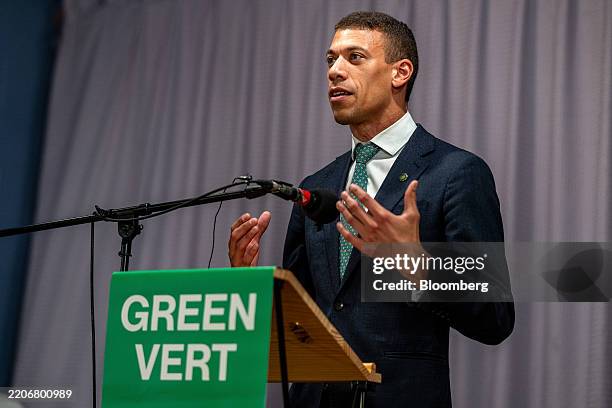 Jonathan Pedneault, co-leader of the Green Party, speaks during a campaign launch event in Nanaimo, British Columbia, Canada, on Friday, March 28,...