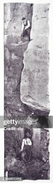 mountaineers at the falkenstein, entry chimney, saxon switzerland - saxon switzerland national park stock illustrations