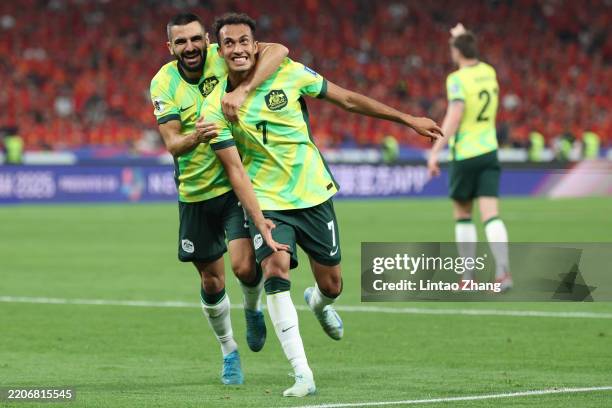 Nishan Velupillay of Australia celebrates after scoring the team's second goal during the FIFA World Cup Asian Qualifiers Group C match between China...