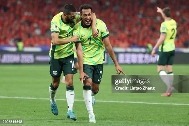 Nishan Velupillay of Australia celebrates after scoring the team's second goal during the FIFA World Cup Asian Qualifiers Group C match between China...