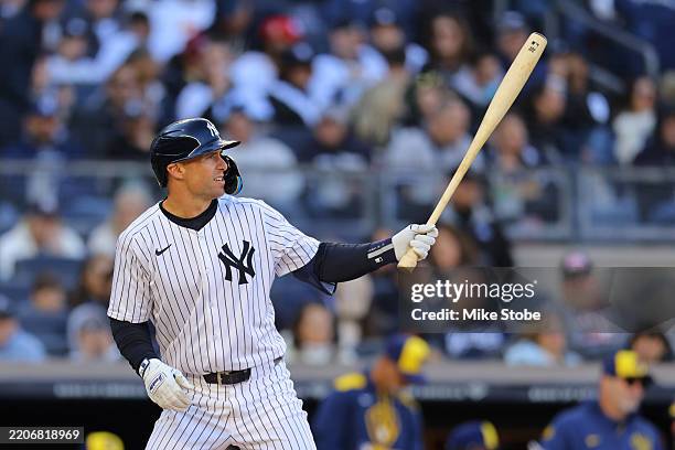 Paul Goldschmidt of the New York Yankees at bat with a torpedo bat against the Milwaukee Brewers at Yankee Stadium on March 27, 2025 in New York...