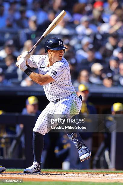 Anthony Volpe of the New York Yankees at bat with a torpedo bat against the Milwaukee Brewers at Yankee Stadium on March 27, 2025 in New York City....