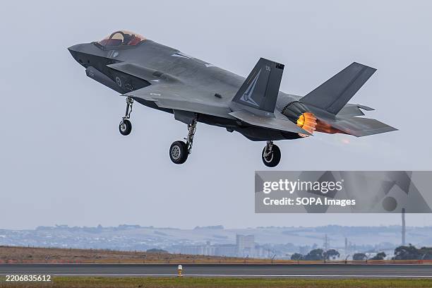 Lightning II seen performing a solo display during the Avalon Airshow 2025. Avalon Australian International Airshow Public Day 1 Aerial Display.