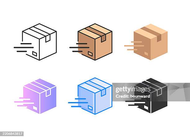 3d speed cardboard box. 6 different styles. editable stroke. vector - postal service logos stock illustrations
