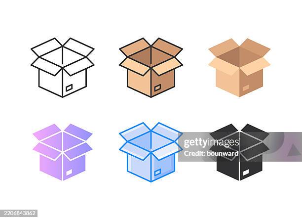 3d pappkarton öffnen. 6 verschiedene stile. bearbeitbarer strich. vektor - delivery company logos stock-grafiken, -clipart, -cartoons und -symbole