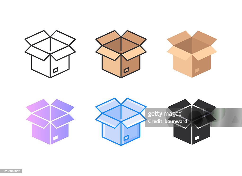 3d Open cardboard box. 6 Different styles. Editable stroke. Vector