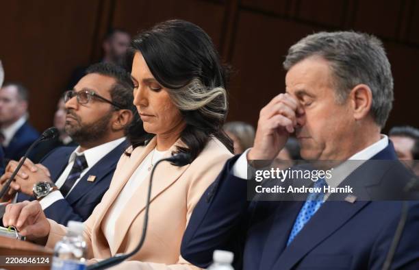 Director Kash Patel, Director of National Intelligence Tulsi Gabbard, and Central Intelligence Agency Director John Ratcliffe, appear during a Senate...