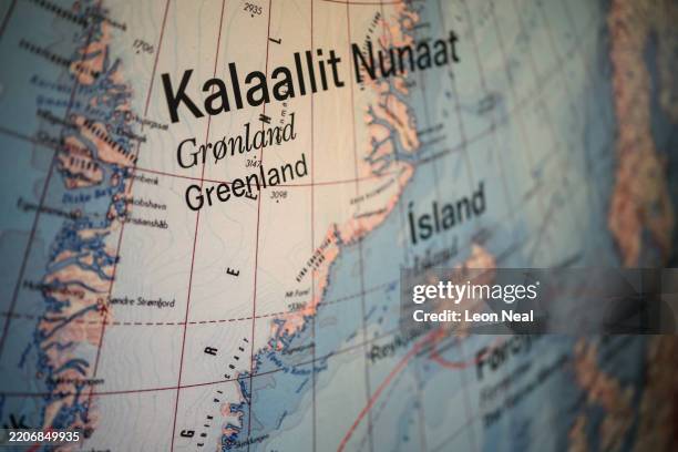 Map featuring Greenland, Iceland, the Faroe Islands and Denmark is seen inside the Greenland Representative's office in Copenhagen, on March 25, 2025...
