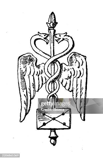 post and commerce school symbol objects ornament, decoration, design element - 19th century style stock illustrations