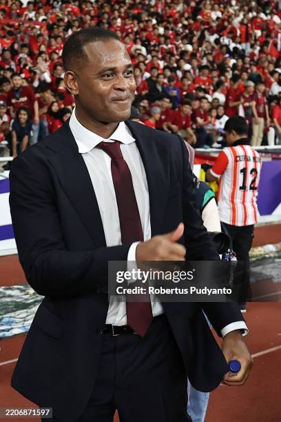 Head coach Patrick Kluivert of Indonesia gestures after the FIFA World Cup qualifier Asian third round Group C match between Indonesia and Bahrain at...