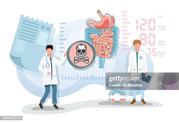flat vector illustration of doctor investigating digestive systems - lab worker white background stock illustrations