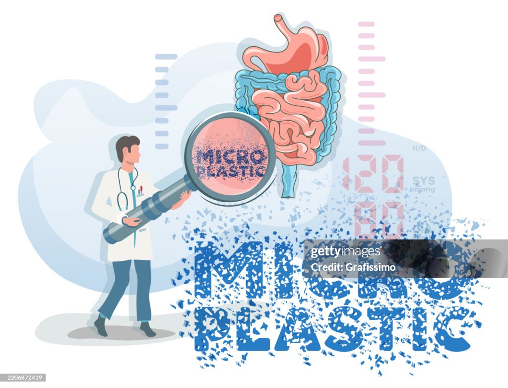 Flat vector illustration of doctor with magnifying glass detecting microplastic in human digestive system